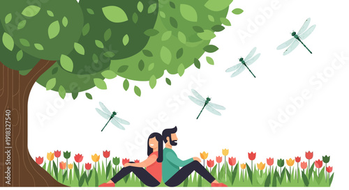 Cartoon scene of a person relaxing and reading under a leafy tree in a sunny garden.