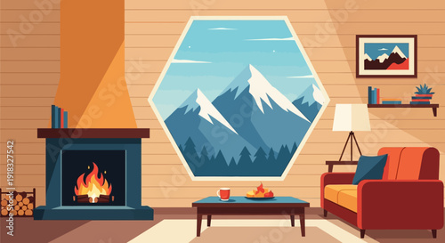 Cozy mountain view living room with fireplace, sofa and hexagonal window overlooking snowy peaks.