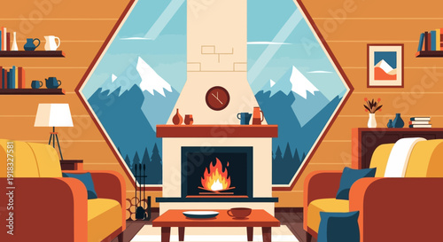 Cozy Modern Living Room with Fireplace and Mountain View Through Large Windows.