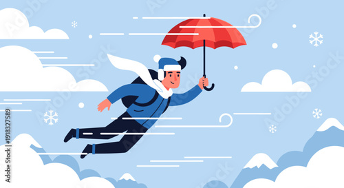 Businessman Flying Through the Sky with a Red Umbrella in Wind and Clouds.