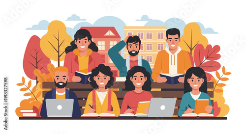 Diverse team collaboration outdoors with laptops in a colorful illustration and lively group engagement.