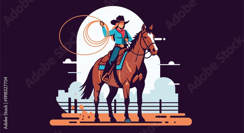 Energetic cowboy riding a horse with a lasso in a western arena under a cloudy sky and desert backdrop.