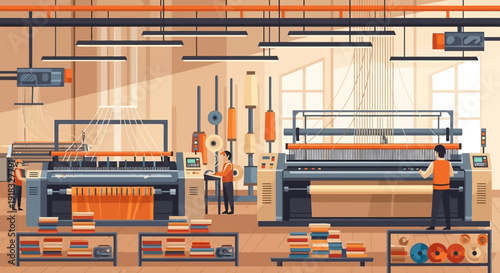 Industrial textile weaving factory scene with loom machines, workers and orange blue equipment.