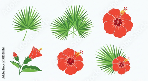 Vibrant tropical palm leaves and colorful hibiscus flowers on white background symbolizing summer and exotic destinations