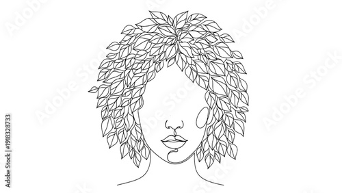 High Quality Black Continuous Single Line Art Woman Face with Leaf Hair Minimalist Vector Illustration