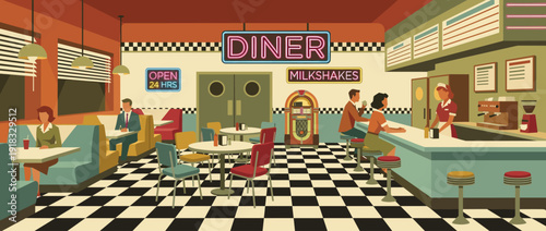 Flat vector illustration of a retro 1950s diner interior with checkered floor, neon signs, jukebox, and customers. Vintage American restaurant scene with waitress, booths, and counter stools.
