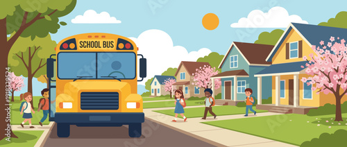 Flat vector illustration of a yellow school bus dropping off happy children with backpacks in a sunny suburban neighborhood with colorful houses, green lawns, and blooming cherry blossom trees.