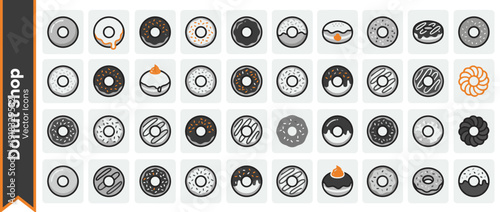 Vector Icon Set of 44 Donut Shop Varieties and Toppings in Flat Design. Clean Monochrome Style with Orange Accents. Collection of Glazed, Sprinkled, and Filled Doughnuts for Bakery Menus and Apps.