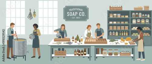 Flat vector illustration of a traditional soap making workshop with diverse artisans using natural ingredients, essential oils, and molds to craft handmade organic soap bars in a rustic factory.