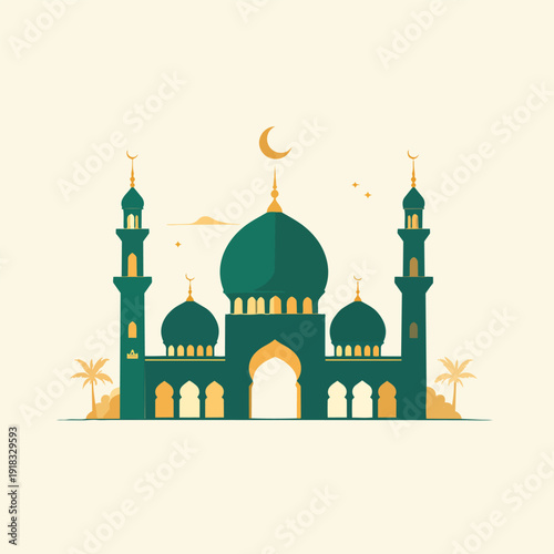 A vector illustration of a grand Indian mosque inspired by the Taj Mahal with domes and minarets under a clear sky
