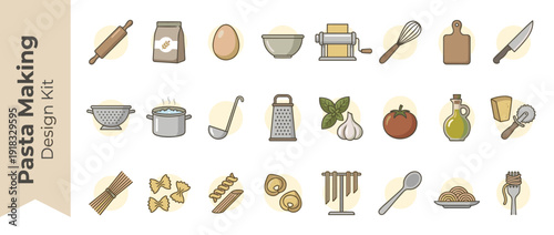 Comprehensive Vector Icon Set of Pasta Making and Italian Cooking Essentials Featuring Kitchen Tools, Ingredients, Flour, Egg, Olive Oil, Tomato, Pasta Machine, and Various Noodle Shapes in Flat