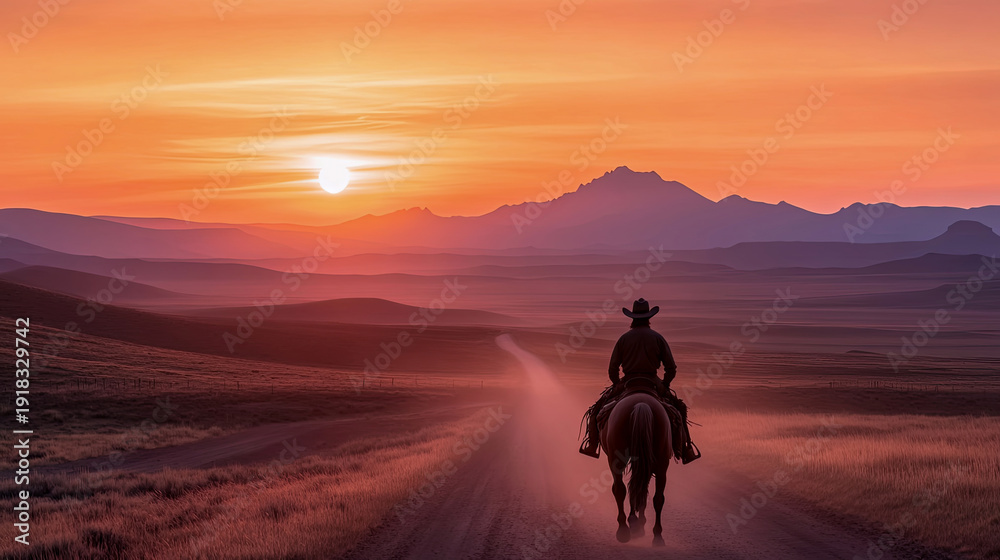 Fototapeta premium Lone cowboy rides his horse down dusty western road, silhouetted against spectacular sunset painting sky with fiery oranges and pinks, as majestic mountains rise in distance.