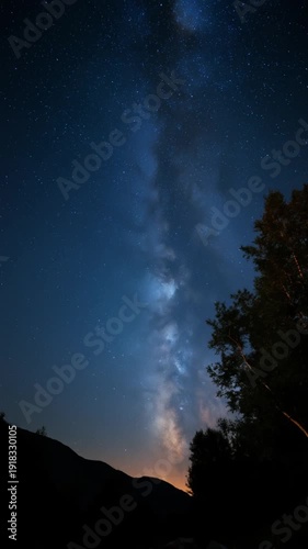 Stunning night sky with Milky Way and silhouette of trees  