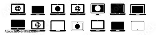 Technology computer and laptop icon set, monitor screen device vector silhouettes and outlines isolated on transparent background