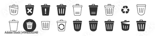 Trash and recycle bin icon collection, garbage waste delete symbols in solid and outline vector isolated on transparent background