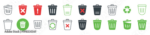 Trash bin and recycle icon pack, garbage waste delete disposal symbols in solid and outline vector isolated on transparent background