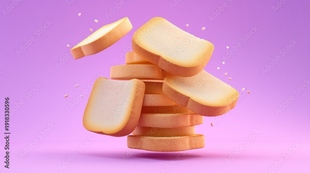 Fototapeta premium Floating slices of bread with light texture and soft crust against a vibrant purple background illustrating food and culinary themes