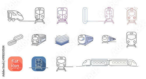 A collection of diverse train and railway icons in various styles.