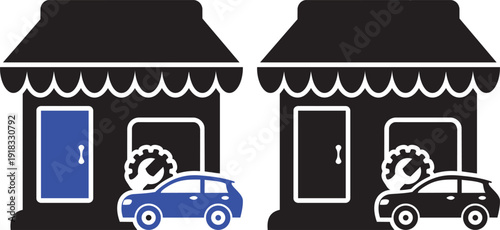 Car Repair Shop Icon: Symbolic illustration featuring shopfronts, and a car at the workshop door, ideal for representing vehicle servicing and maintenance services.