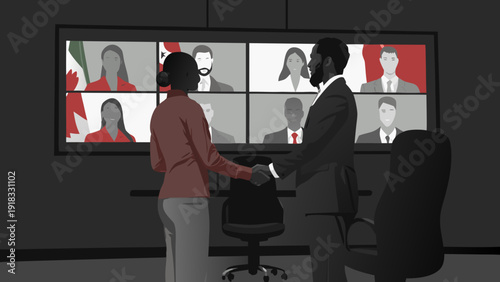 A professional in a leadership position shaking hands with a colleague in a hybrid meeting, with video call screens showing global teams.
