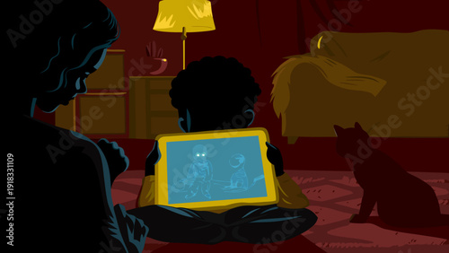 Child drawing robots on a tablet while a cat watches, cozy and colorful home environment.