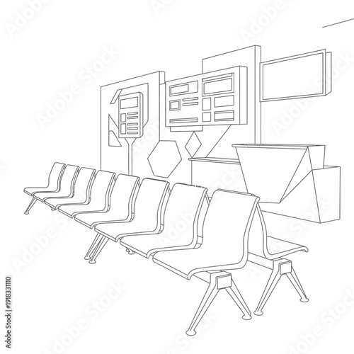 Waiting area with chairs and airport information boards.