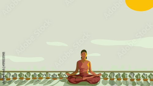 Asian woman meditating on a balcony with a sustainable city in the background, golden morning sky.