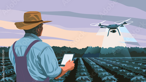 A farm worker uses a drone to monitor organic farming, sunset, and technology integrated into the land.