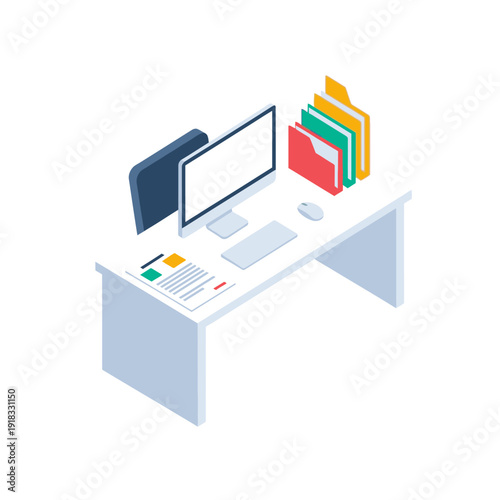 Modern office desk setup with computer and office supplies.