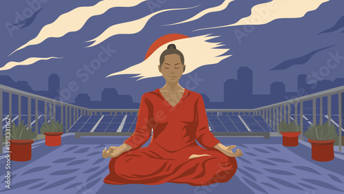 Asian woman meditating on a balcony with a sustainable city in the background, golden morning sky.
