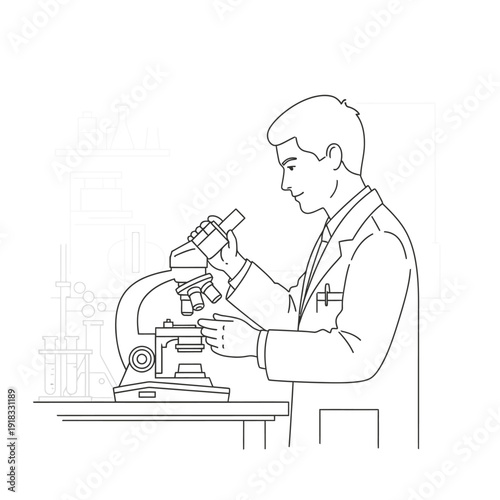 Scientist examining specimen through microscope in laboratory setting.