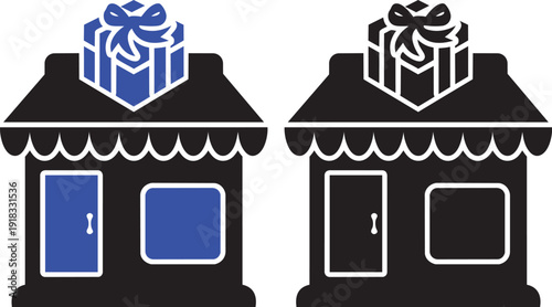 Gift Shop Icon: A charming illustration depicts two gift shop, adorned with present on top, ideal for representing retail concepts related to gifting and special occasion.