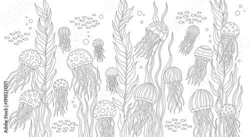 Underwater scene with jellyfish swimming among seaweed and schools of fish in ocean