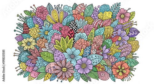 Vibrant floral bouquet with intricate patterns and pastel colors