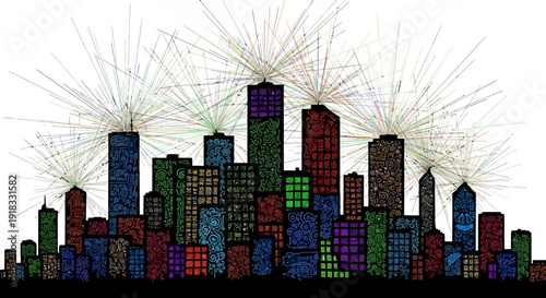 Vibrant cityscape with colorful skyscrapers and dynamic light trails