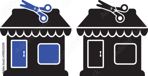 Discount Store Illustration: A simplistic illustration of two retail storefronts, each showcasing an overhead pair of scissors.