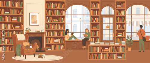 Cozy bookstore interior illustration with floor-to-ceiling bookshelves, people reading by large arched windows, a warm fireplace with a cat on an armchair, and a peaceful library atmosphere.