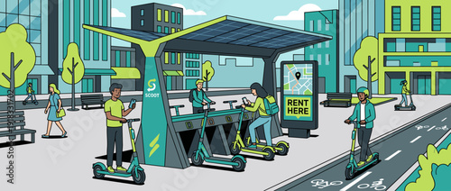 Flat vector illustration of a modern electric scooter sharing station in a city plaza with people using mobile apps to rent eco-friendly transport under a solar-powered charging dock in town.