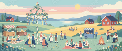 Flat Vector Illustration of a Traditional Scandinavian Midsummer Celebration Featuring a Decorated Maypole, People Dancing in Folk Costumes, Picnics, Bonfire, and Red Cottages by a Scenic Lake