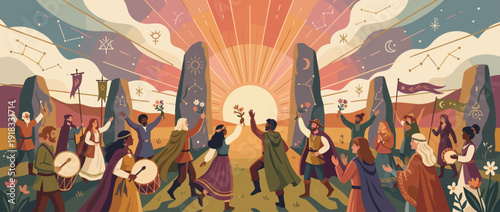Flat Vector Illustration of a Spring Equinox Celebration at Stonehenge with a Vibrant Sunrise Between Ancient Standing Stones, Diverse People Dancing, Playing Drums, and Holding Spring Flowers.