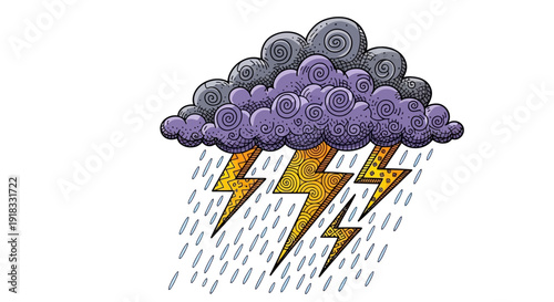 Vibrant storm cloud with lightning bolts and rain