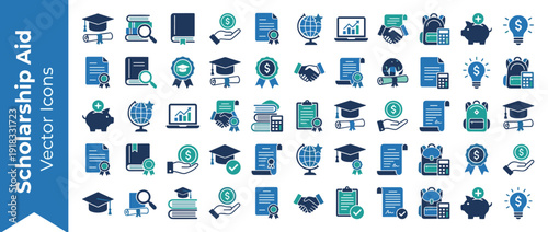 Scholarship and Student Aid Vector Icon Set Featuring Graduation Caps, Diplomas, Books, Piggy Banks, and Financial Grant Symbols in Flat Blue and Teal Corporate Colors for Educational Funding.