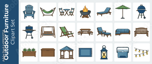 Outdoor Furniture and Patio Decor Vector Icon Set Featuring Backyard Garden Items Like Grill, Fire Pit, Gazebo, Hammock, Lounge Chairs, Picnic Table, Umbrella, Bench, Sofa, and String Lights