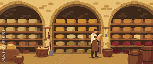 Artisanal cheese aging cave illustration with a cheesemaker holding a wheel. Traditional cellar with wooden shelves, stone arches, and various cheese varieties in a warm flat vector style.