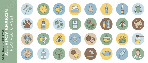 Comprehensive Allergy Season Vector Icon Set with 32 Flat Design Illustrations of Triggers and Remedies Including Pollen, Dust, Pet Dander, Medication, Nasal Spray, Flowers, and Medical Care.