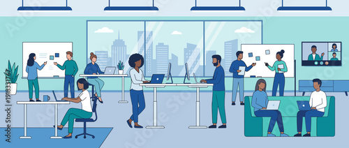 Flat Vector Illustration of a Modern Open Plan Office with a Diverse Team of Professionals Collaborating, Working at Standing Desks, Using Laptops, Whiteboards, and Video Conferencing Software.