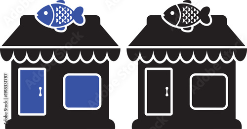 The Essence of a Coastal Culinary Haven: a simple and captivating illustration of two small shops, each adorned with a stylized fish, embodying the essence of a charming coastal establishment. 