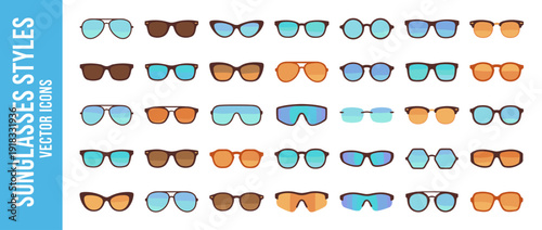 Set of 32 Sunglasses and Eyewear Vector Icons in Flat Design Style with Smooth Color Gradients. Includes Aviator, Wayfarer, Cat-Eye, Round, and Sport Frames for Summer Fashion and Accessory Design.