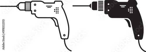 Precision Power: A detailed illustration of a power drill in both white and black, showcasing the tool's design and functionality for construction.