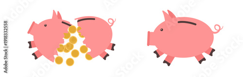 Piggy bank splitting open with falling coins.